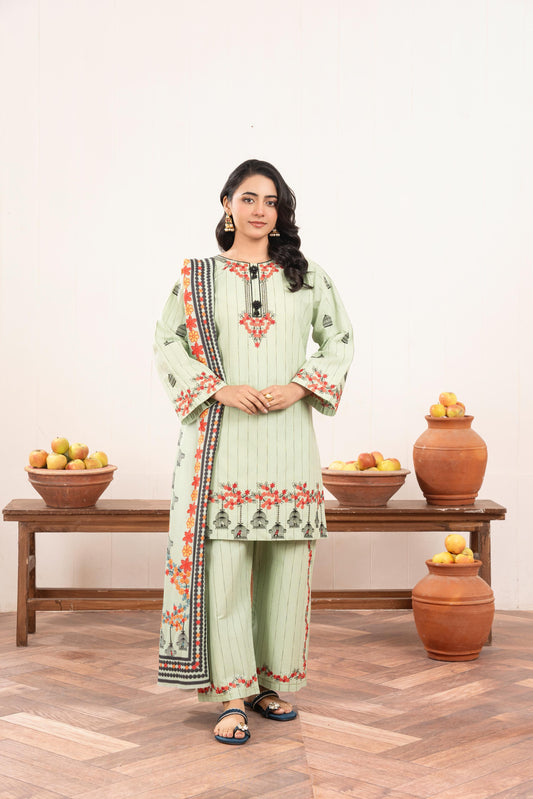 Pastel Green Embroidered 3-Piece Suit with Floral Detailing & Printed Dupatta