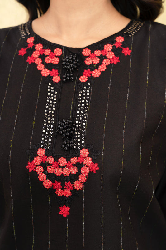 Classic Black Embroidered 3-Piece Suit with Striking Red Floral Accents & Printed Dupatta
