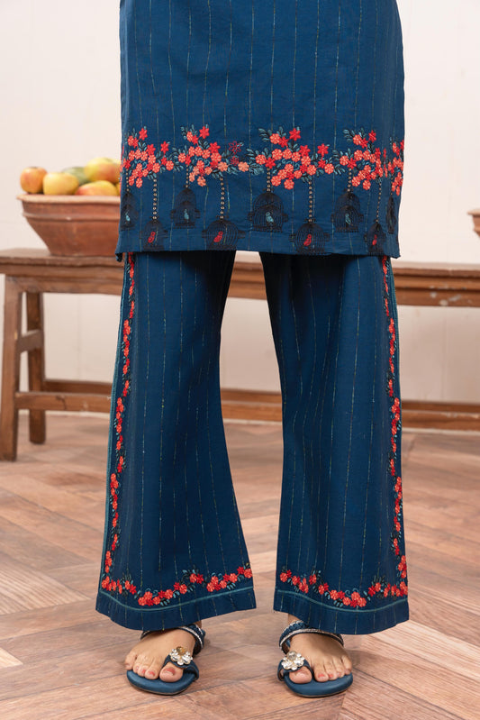 Navy Blue Embroidered 3-Piece Suit with Red Floral Accents & Printed Dupatta