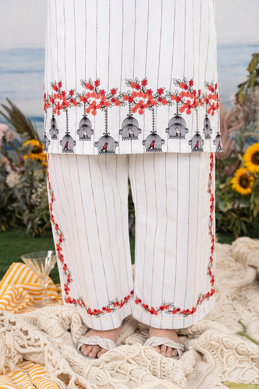 White Embroidered 3-Piece Suit with Red & Black Floral Accents and Printed Dupatta