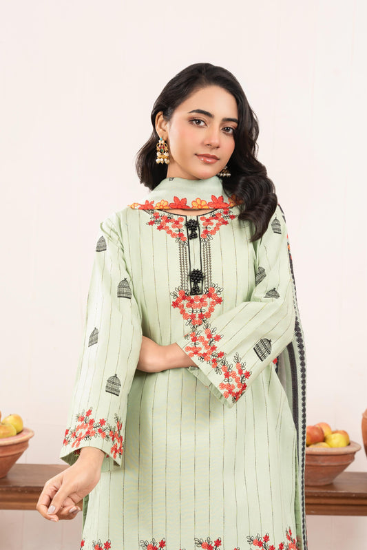 Pastel Green Embroidered 3-Piece Suit with Floral Detailing & Printed Dupatta