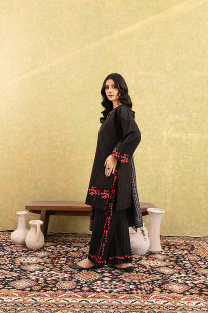Classic Black Embroidered 3-Piece Suit with Striking Red Floral Accents & Printed Dupatta
