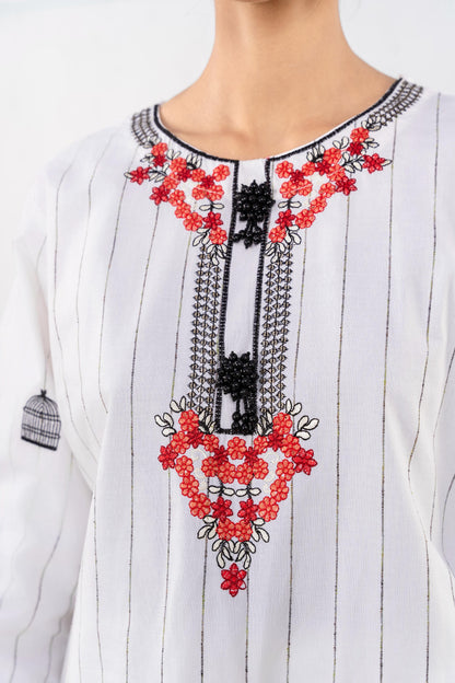 White Embroidered 3-Piece Suit with Red & Black Floral Accents and Printed Dupatta