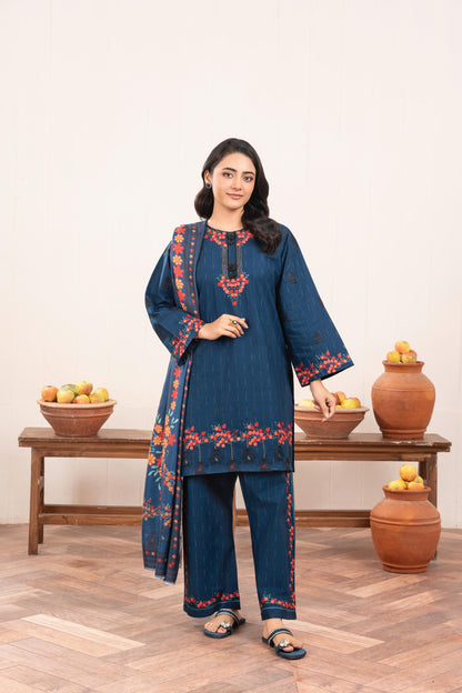 Navy Blue Embroidered 3-Piece Suit with Red Floral Accents & Printed Dupatta