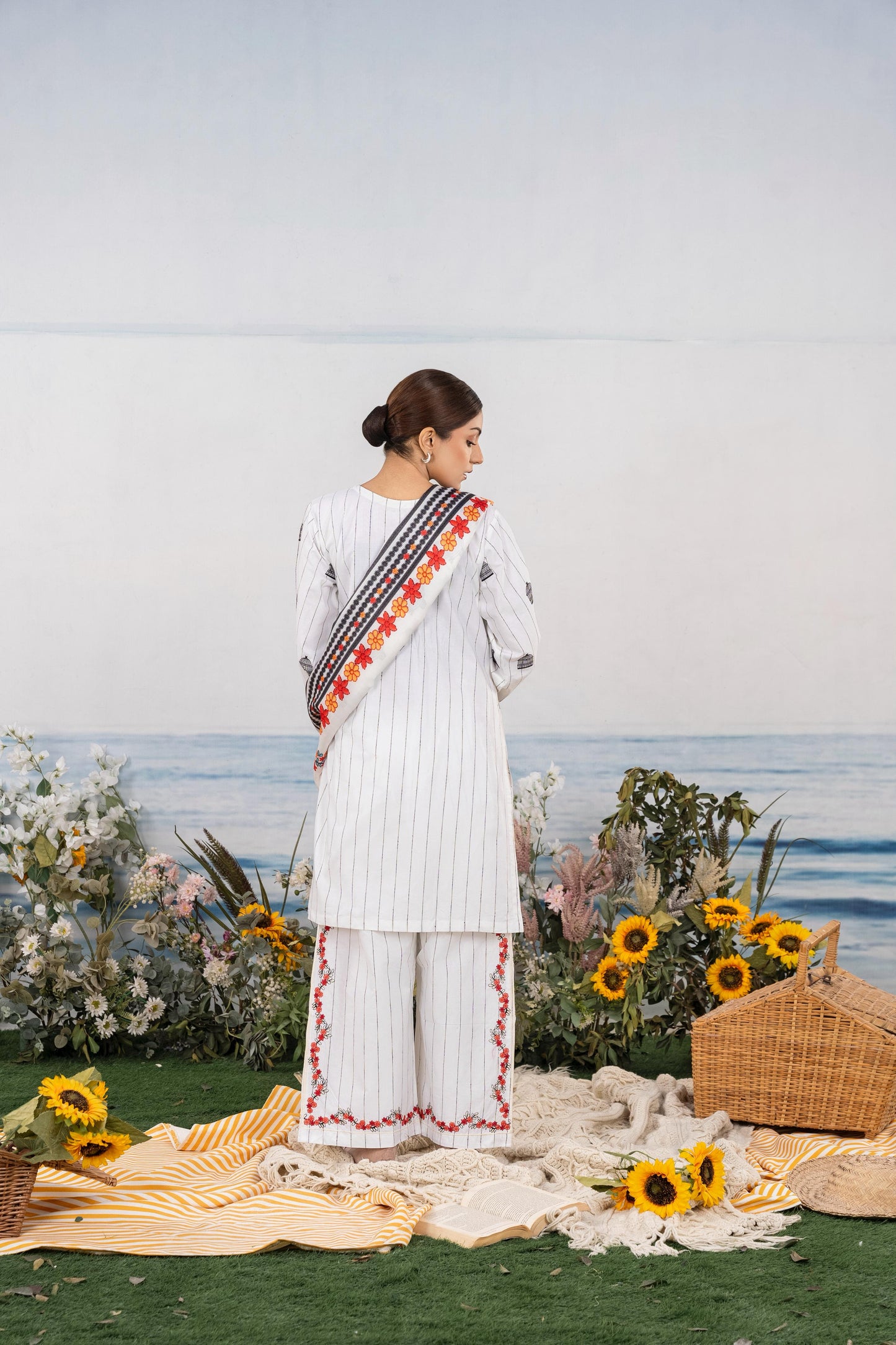 White Embroidered 3-Piece Suit with Red & Black Floral Accents and Printed Dupatta