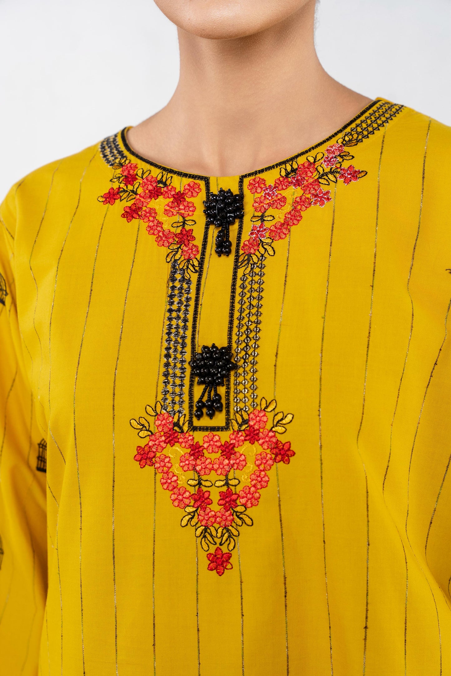 Bright Mustard Embroidered 3-Piece Suit with Colorful Floral Dupatta