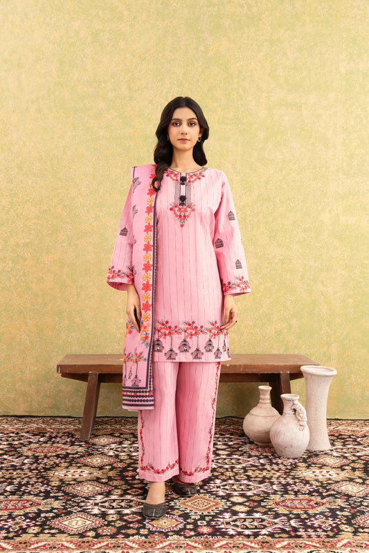 Soft Pink Embroidered 3-Piece Suit with Delicate Floral Detailing & Printed Dupatta
