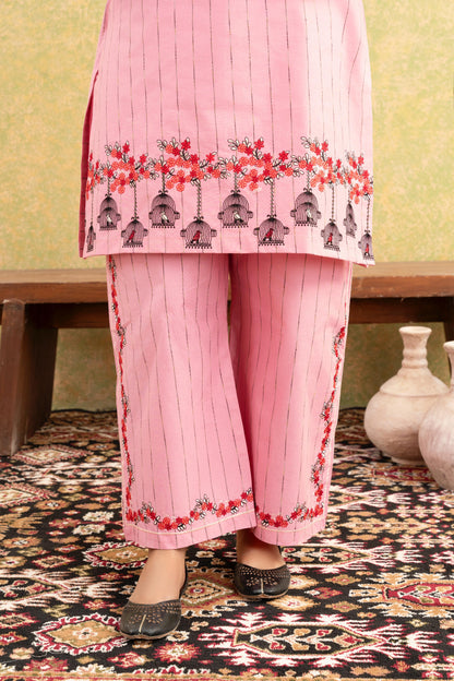 Soft Pink Embroidered 3-Piece Suit with Delicate Floral Detailing & Printed Dupatta
