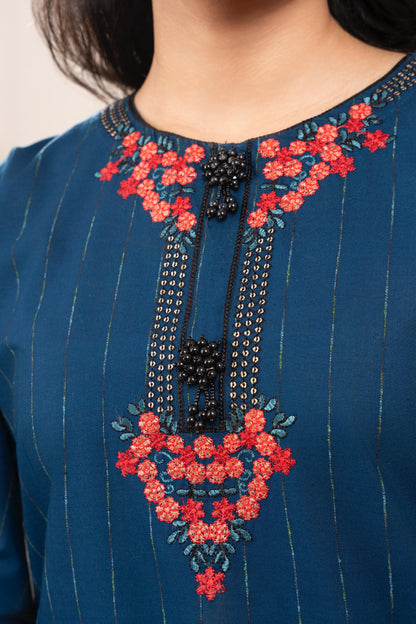 Navy Blue Embroidered 3-Piece Suit with Red Floral Accents & Printed Dupatta