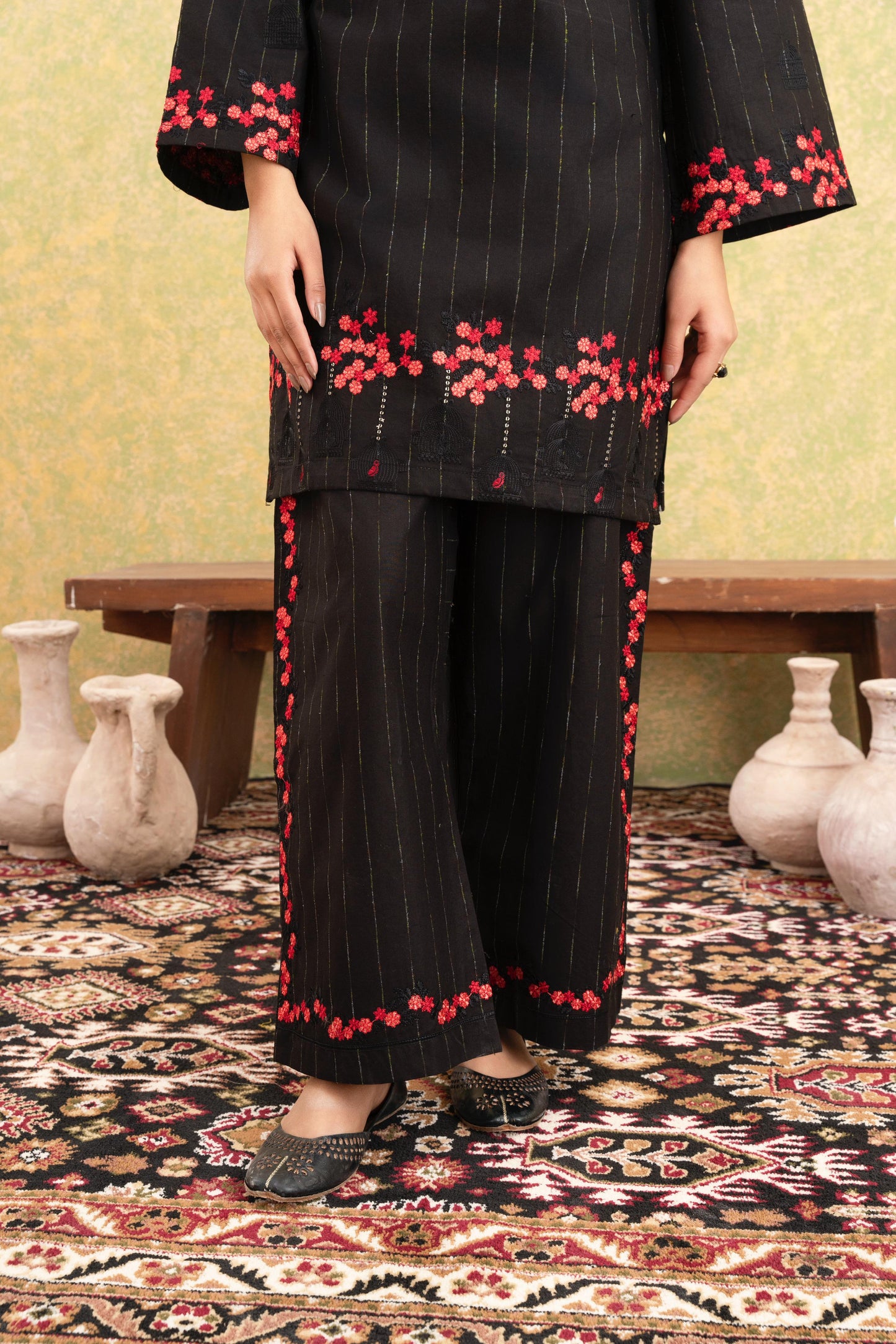 Classic Black Embroidered 3-Piece Suit with Striking Red Floral Accents & Printed Dupatta