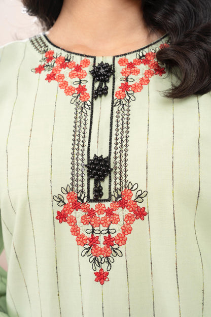 Pastel Green Embroidered 3-Piece Suit with Floral Detailing & Printed Dupatta