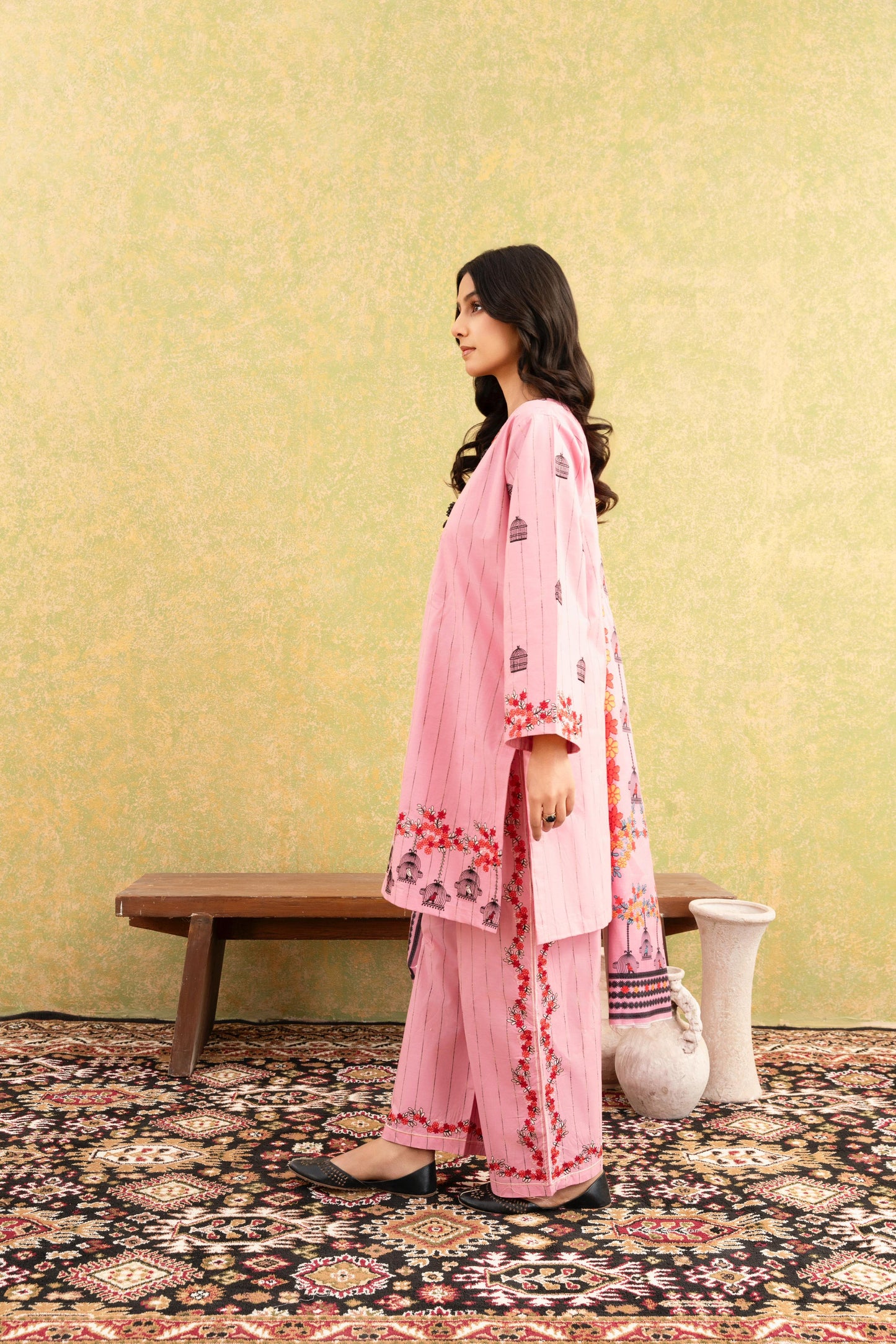 Soft Pink Embroidered 3-Piece Suit with Delicate Floral Detailing & Printed Dupatta