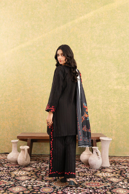 Classic Black Embroidered 3-Piece Suit with Striking Red Floral Accents & Printed Dupatta