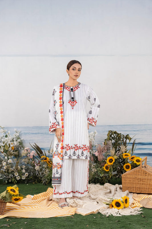 White Embroidered 3-Piece Suit with Red & Black Floral Accents and Printed Dupatta