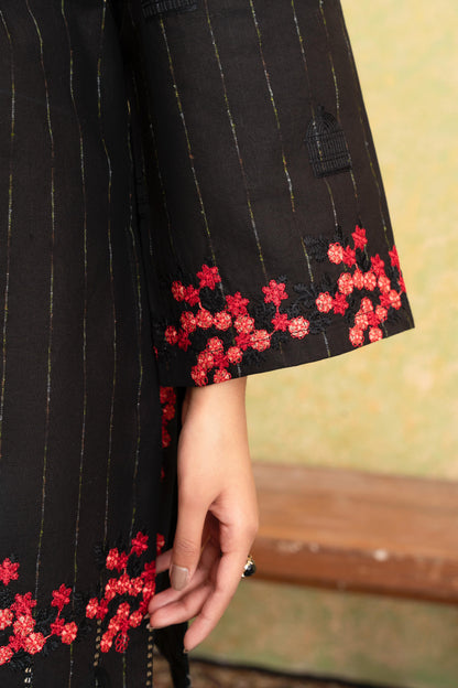 Classic Black Embroidered 3-Piece Suit with Striking Red Floral Accents & Printed Dupatta