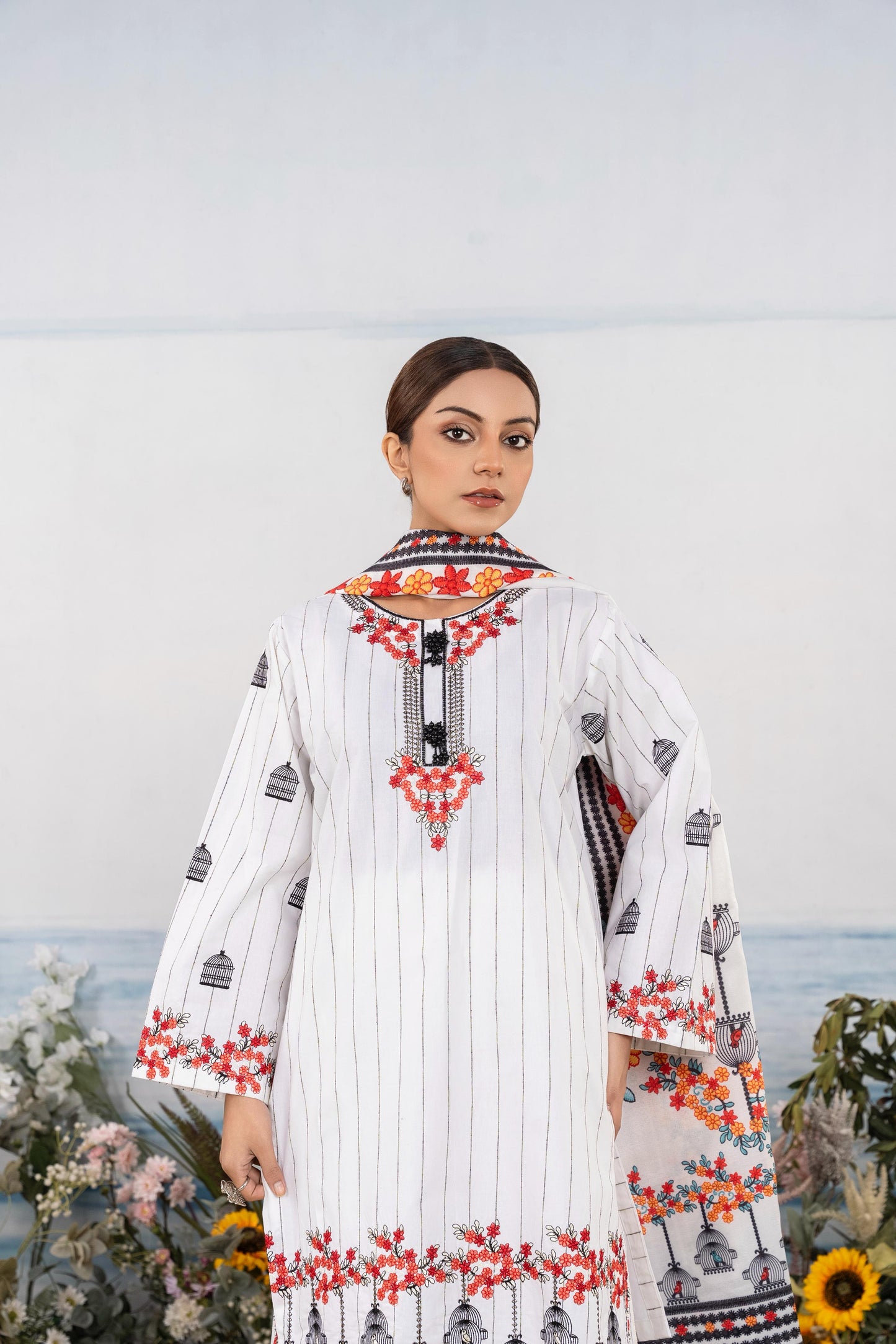 White Embroidered 3-Piece Suit with Red & Black Floral Accents and Printed Dupatta