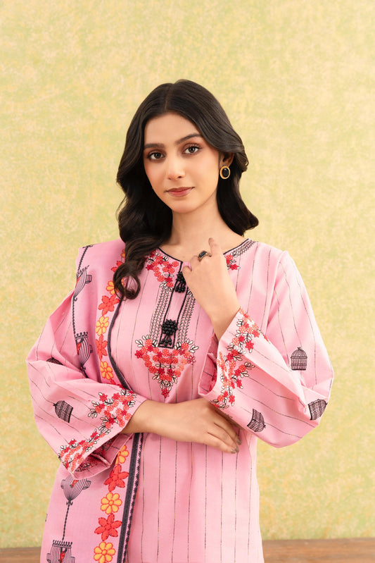 Soft Pink Embroidered 3-Piece Suit with Delicate Floral Detailing & Printed Dupatta