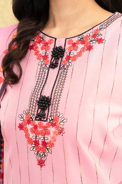 Soft Pink Embroidered 3-Piece Suit with Delicate Floral Detailing & Printed Dupatta