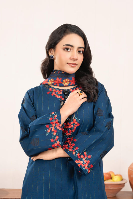 Navy Blue Embroidered 3-Piece Suit with Red Floral Accents & Printed Dupatta