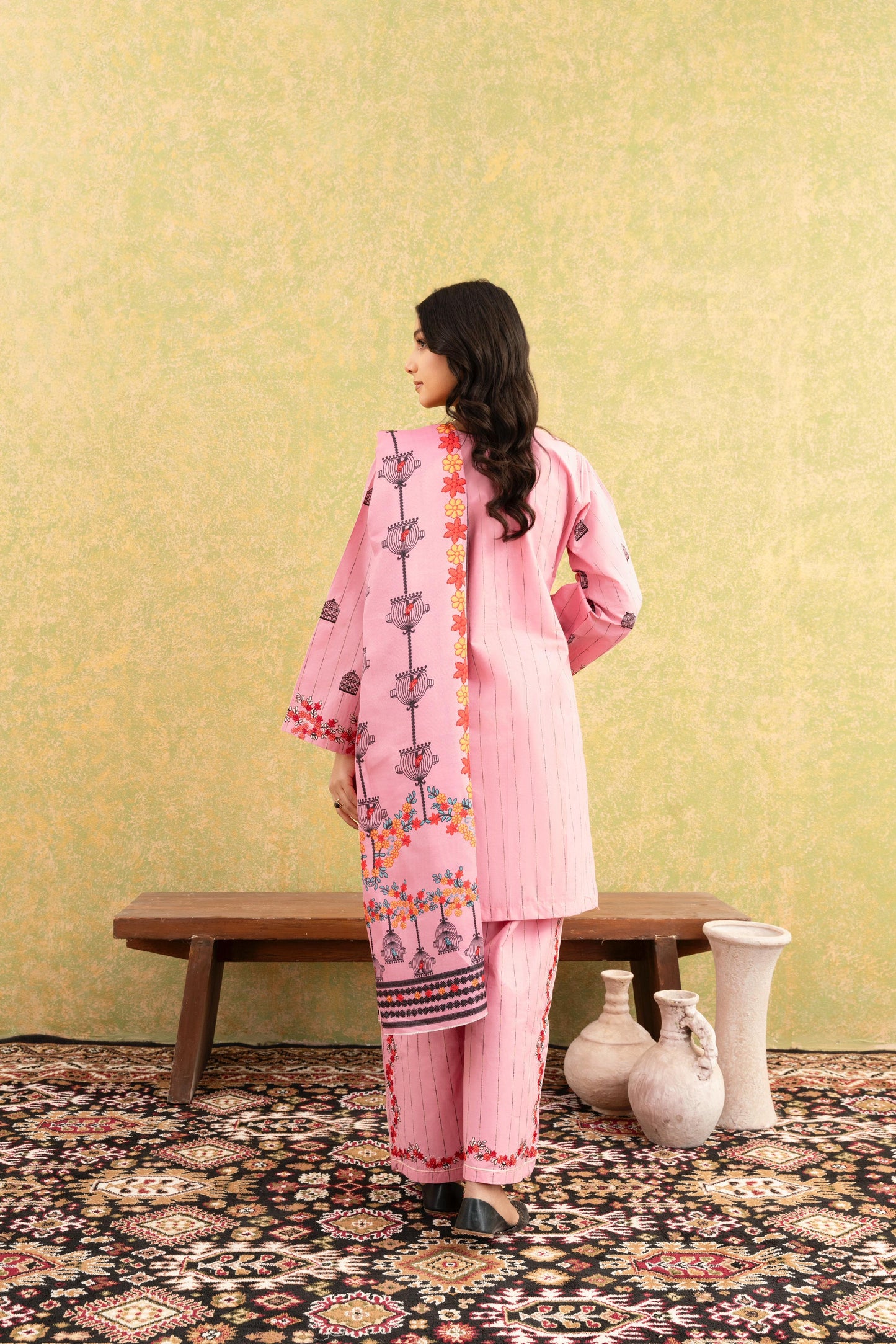 Soft Pink Embroidered 3-Piece Suit with Delicate Floral Detailing & Printed Dupatta