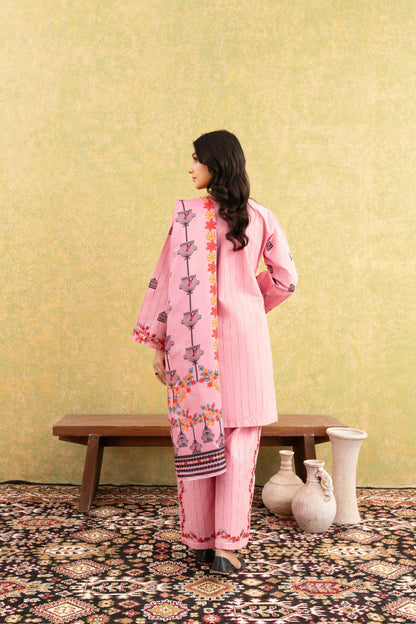 Soft Pink Embroidered 3-Piece Suit with Delicate Floral Detailing & Printed Dupatta
