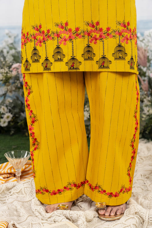 Bright Mustard Embroidered 3-Piece Suit with Colorful Floral Dupatta