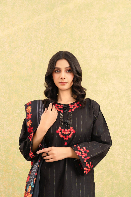Classic Black Embroidered 3-Piece Suit with Striking Red Floral Accents & Printed Dupatta