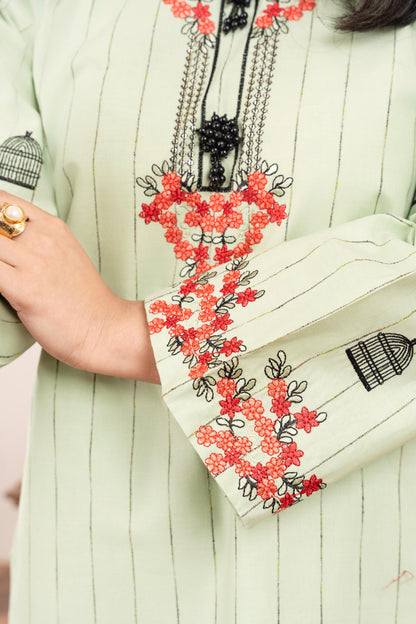 Pastel Green Embroidered 3-Piece Suit with Floral Detailing & Printed Dupatta