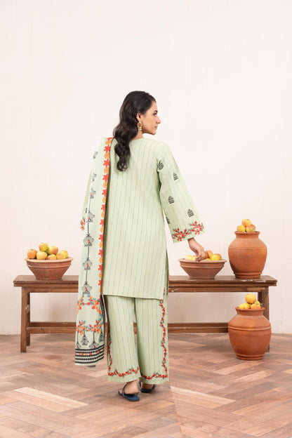 Pastel Green Embroidered 3-Piece Suit with Floral Detailing & Printed Dupatta