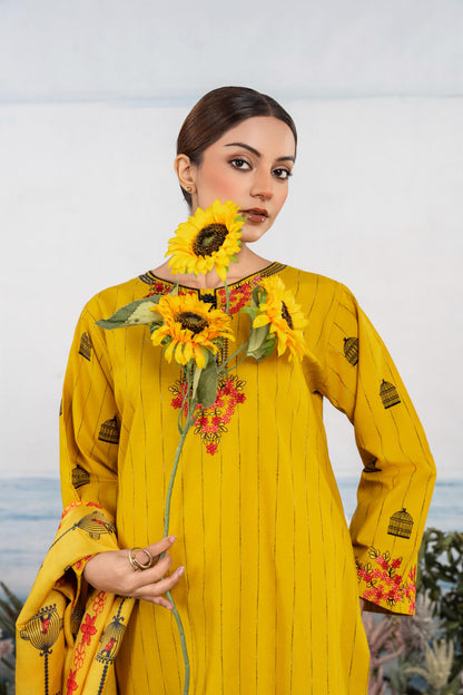 Bright Mustard Embroidered 3-Piece Suit with Colorful Floral Dupatta