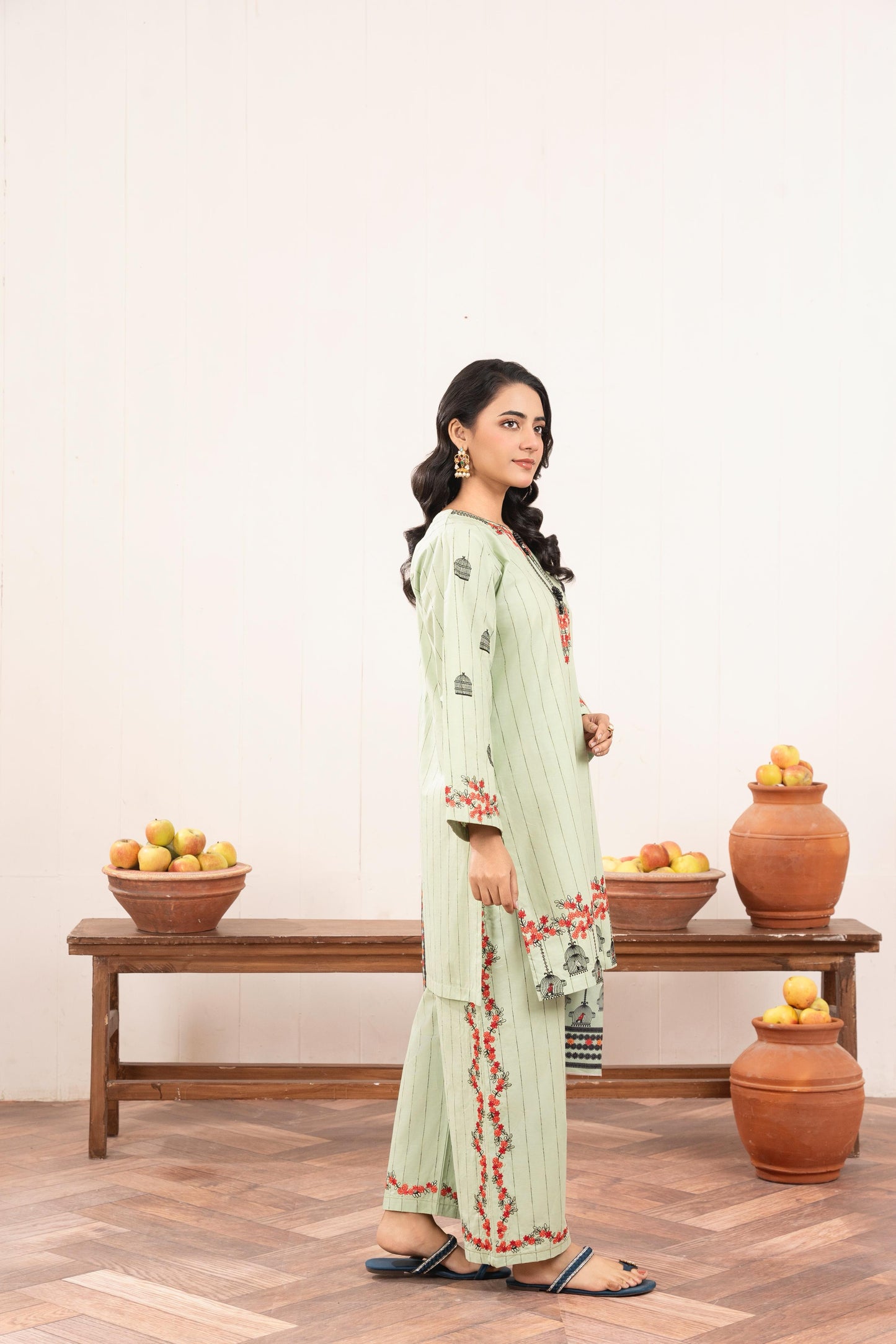 Pastel Green Embroidered 3-Piece Suit with Floral Detailing & Printed Dupatta