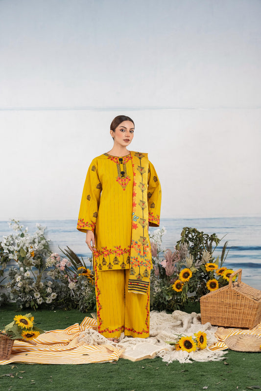 Bright Mustard Embroidered 3-Piece Suit with Colorful Floral Dupatta