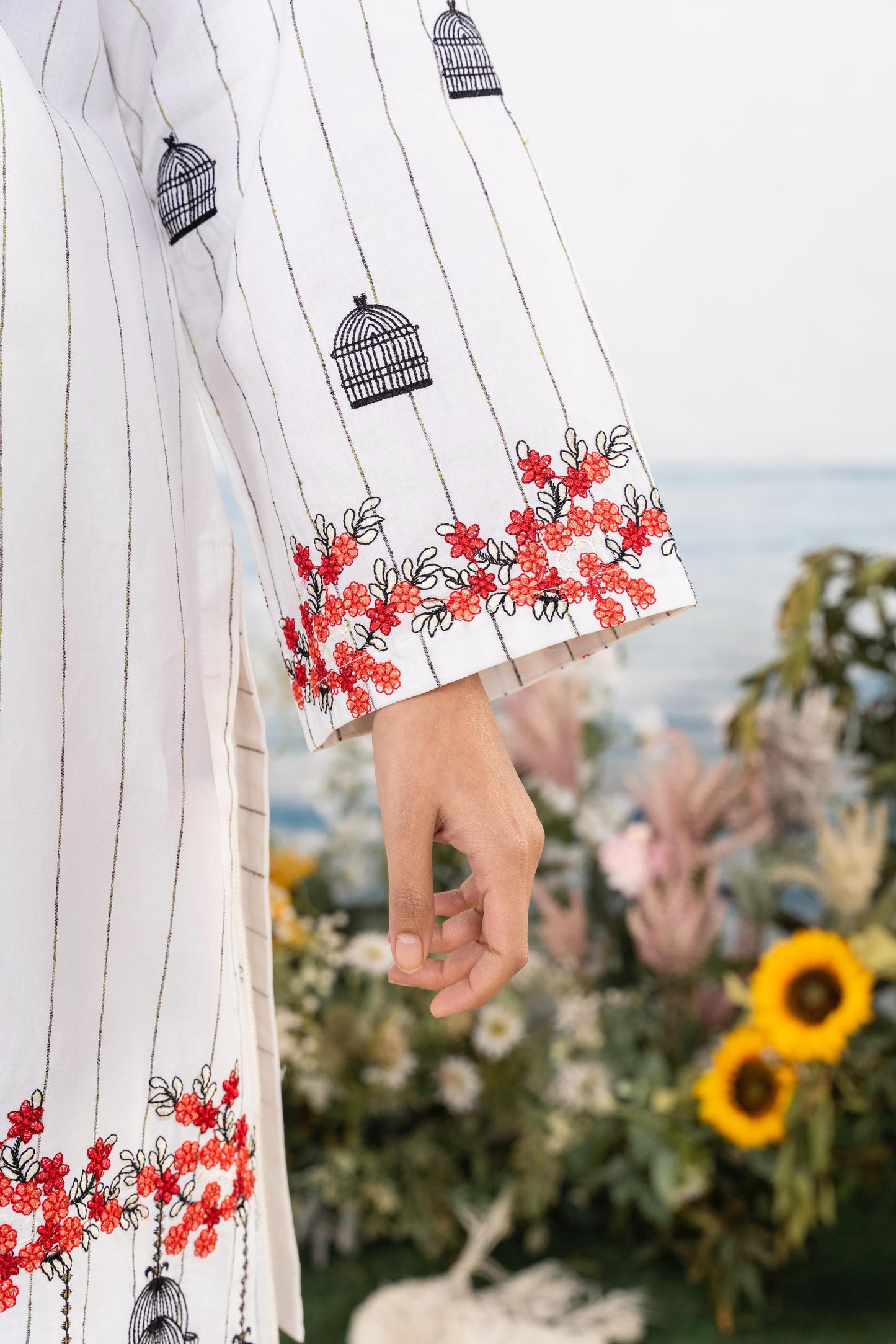 White Embroidered 3-Piece Suit with Red & Black Floral Accents and Printed Dupatta