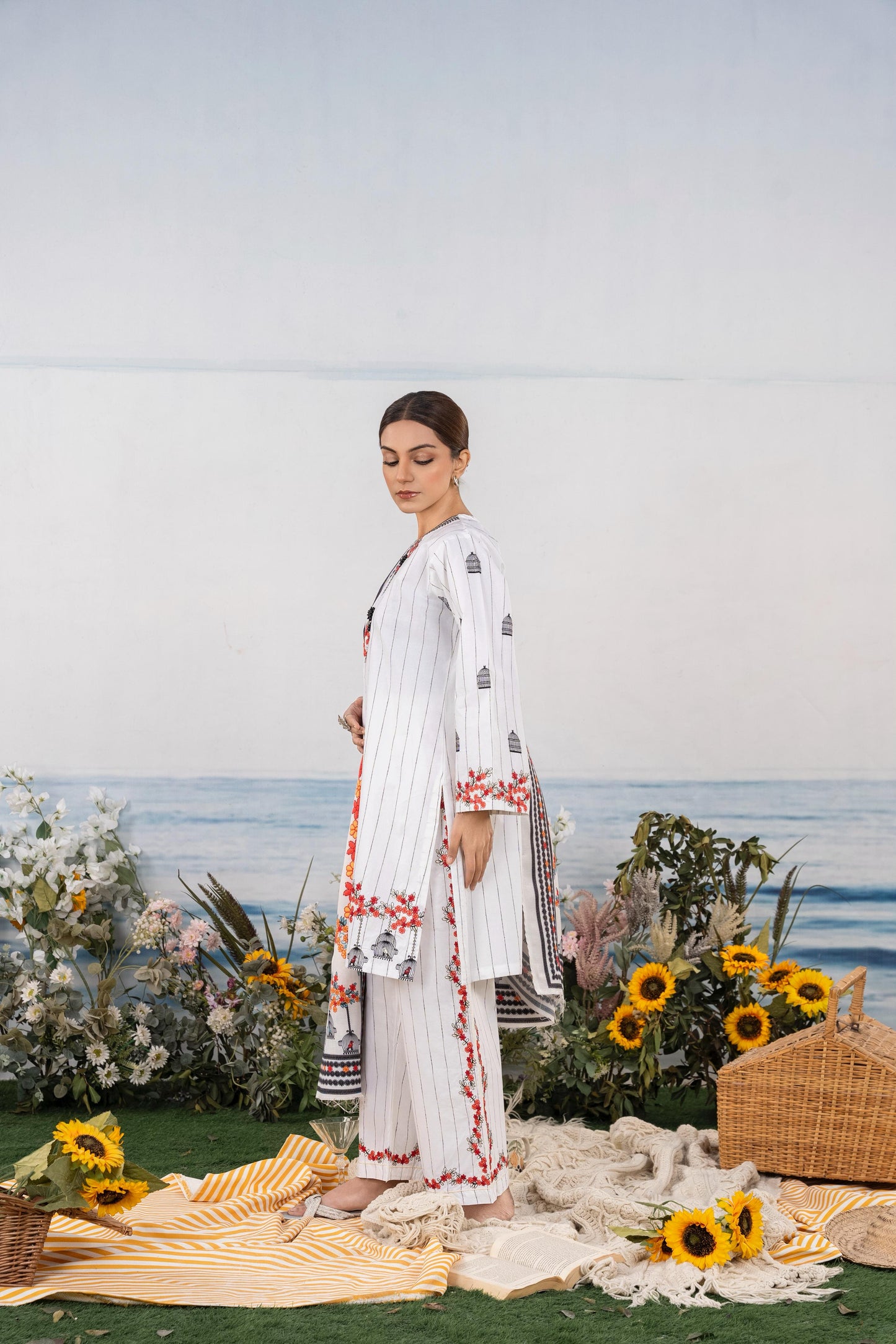 White Embroidered 3-Piece Suit with Red & Black Floral Accents and Printed Dupatta