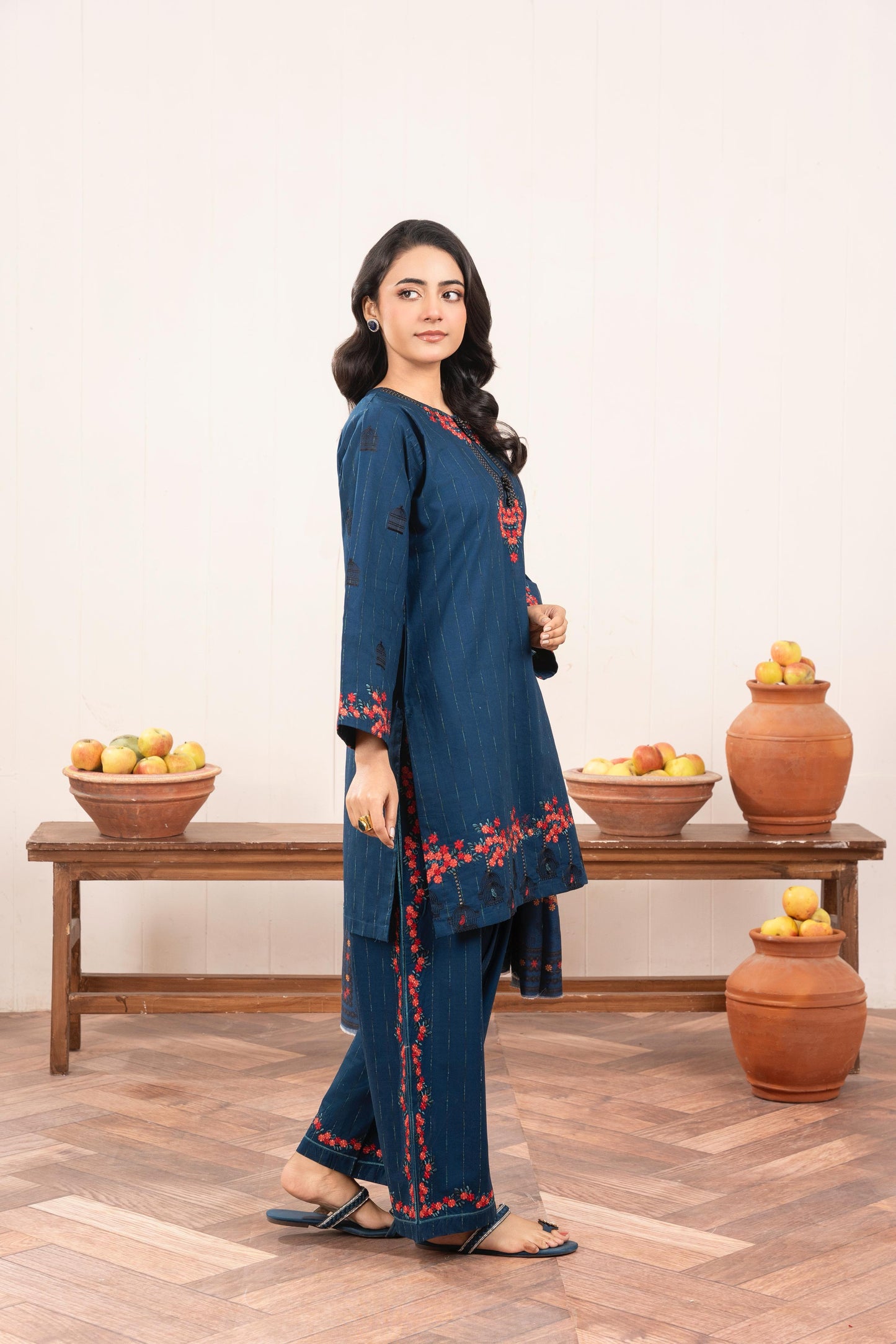 Navy Blue Embroidered 3-Piece Suit with Red Floral Accents & Printed Dupatta