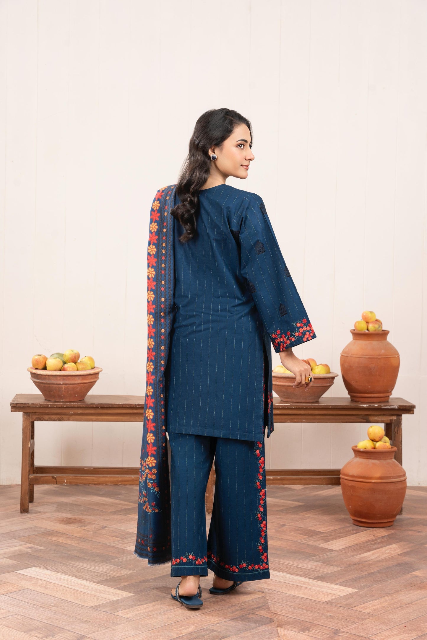 Navy Blue Embroidered 3-Piece Suit with Red Floral Accents & Printed Dupatta