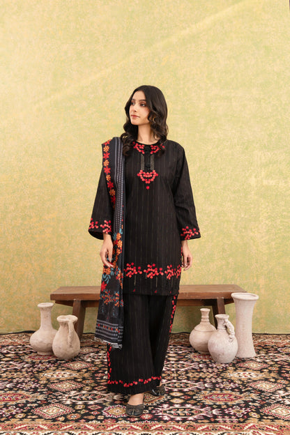 Classic Black Embroidered 3-Piece Suit with Striking Red Floral Accents & Printed Dupatta