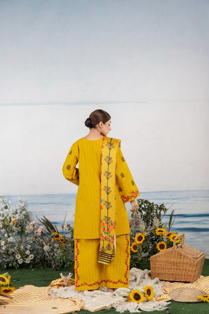 Bright Mustard Embroidered 3-Piece Suit with Colorful Floral Dupatta
